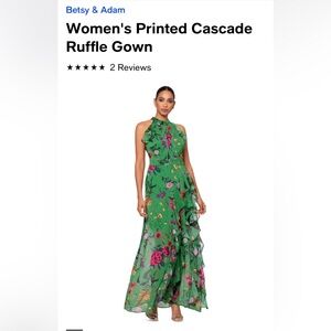 Betsy & Adam Printed Cascade Ruffle Gown, Size 12, Never Worn, Green